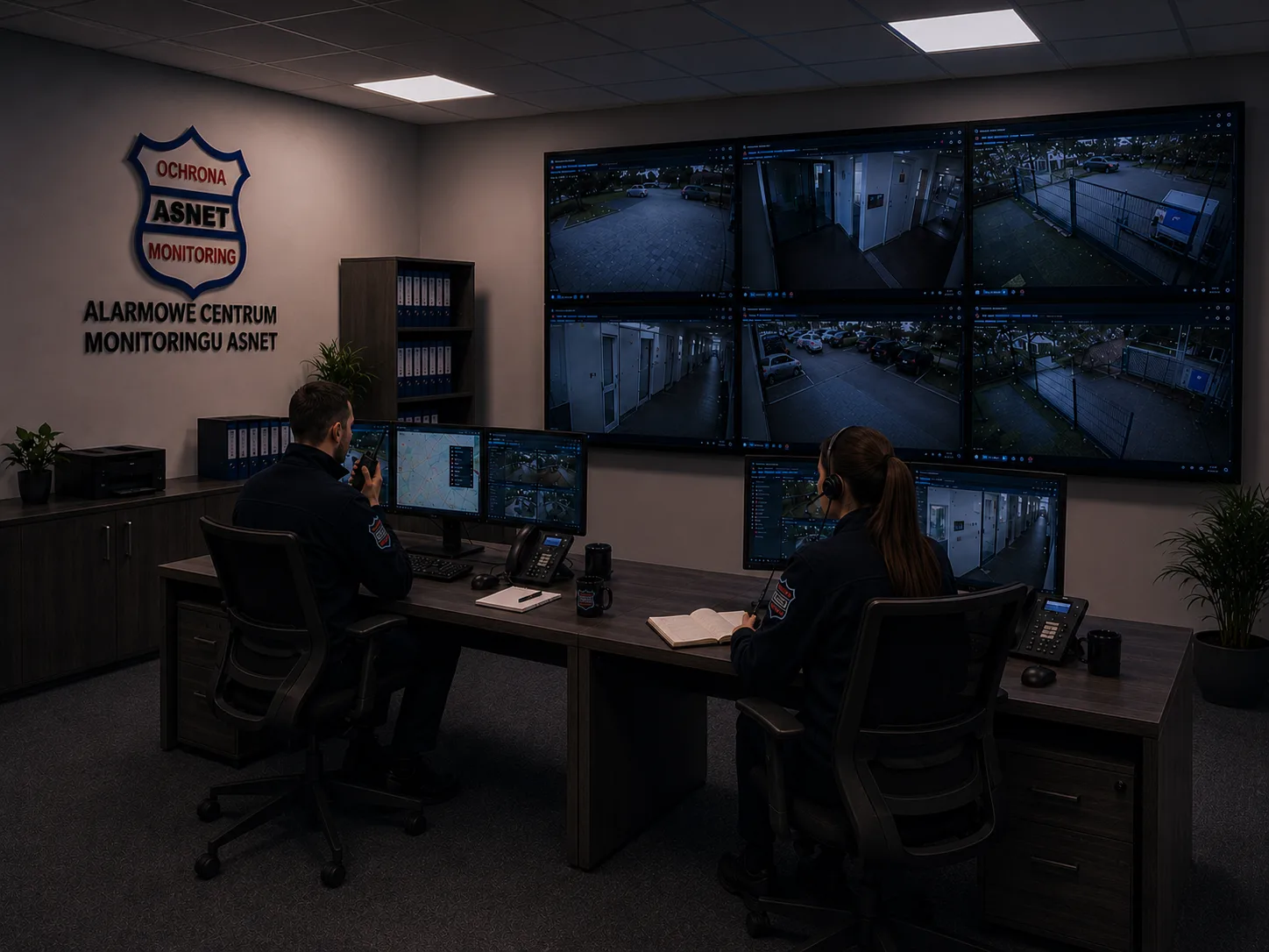 Operatorzy Alarmowego Centrum Monitoringu ASNET nocą przy ścianie podglądów