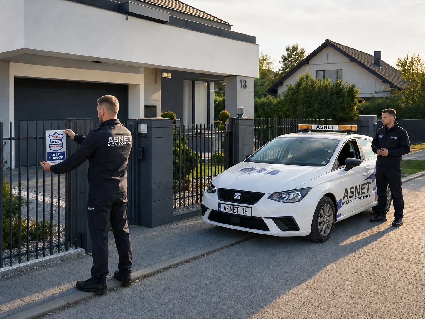 Pracownik ASNET montuje na ogrodzeniu tabliczkę OBIEKT CHRONIONY