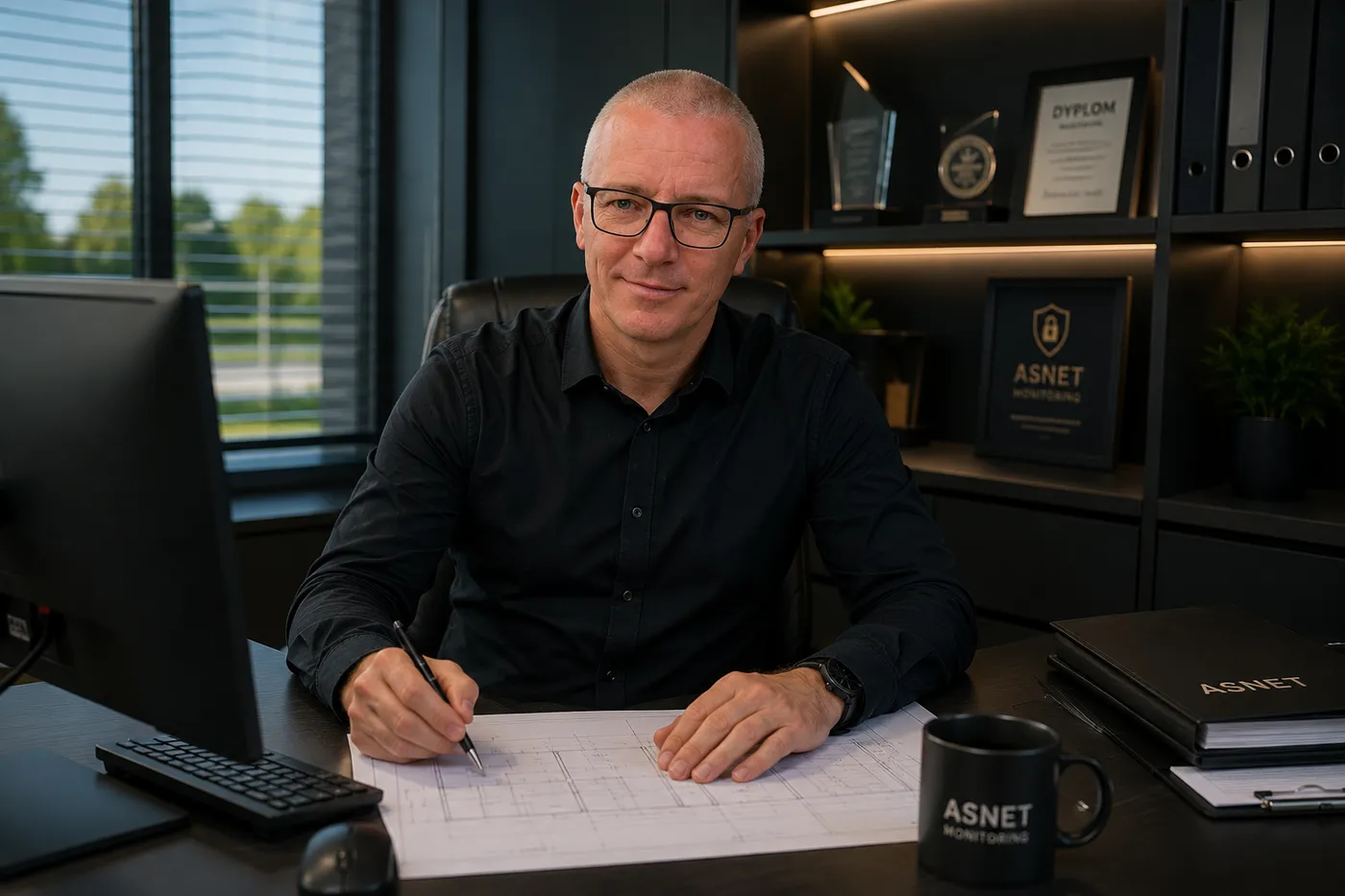 Jurand Baranowski z dokumentacją obiektu przy biurku w siedzibie ASNET