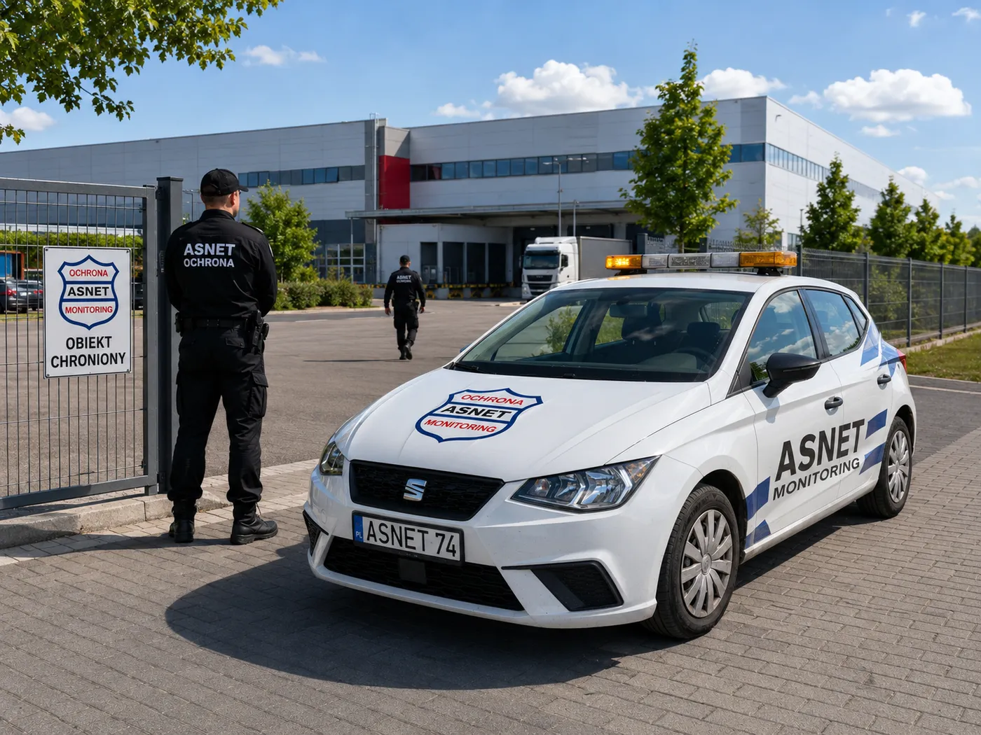 Wjazd na teren centrum logistycznego w ciągu dnia — naczepa przy bramie