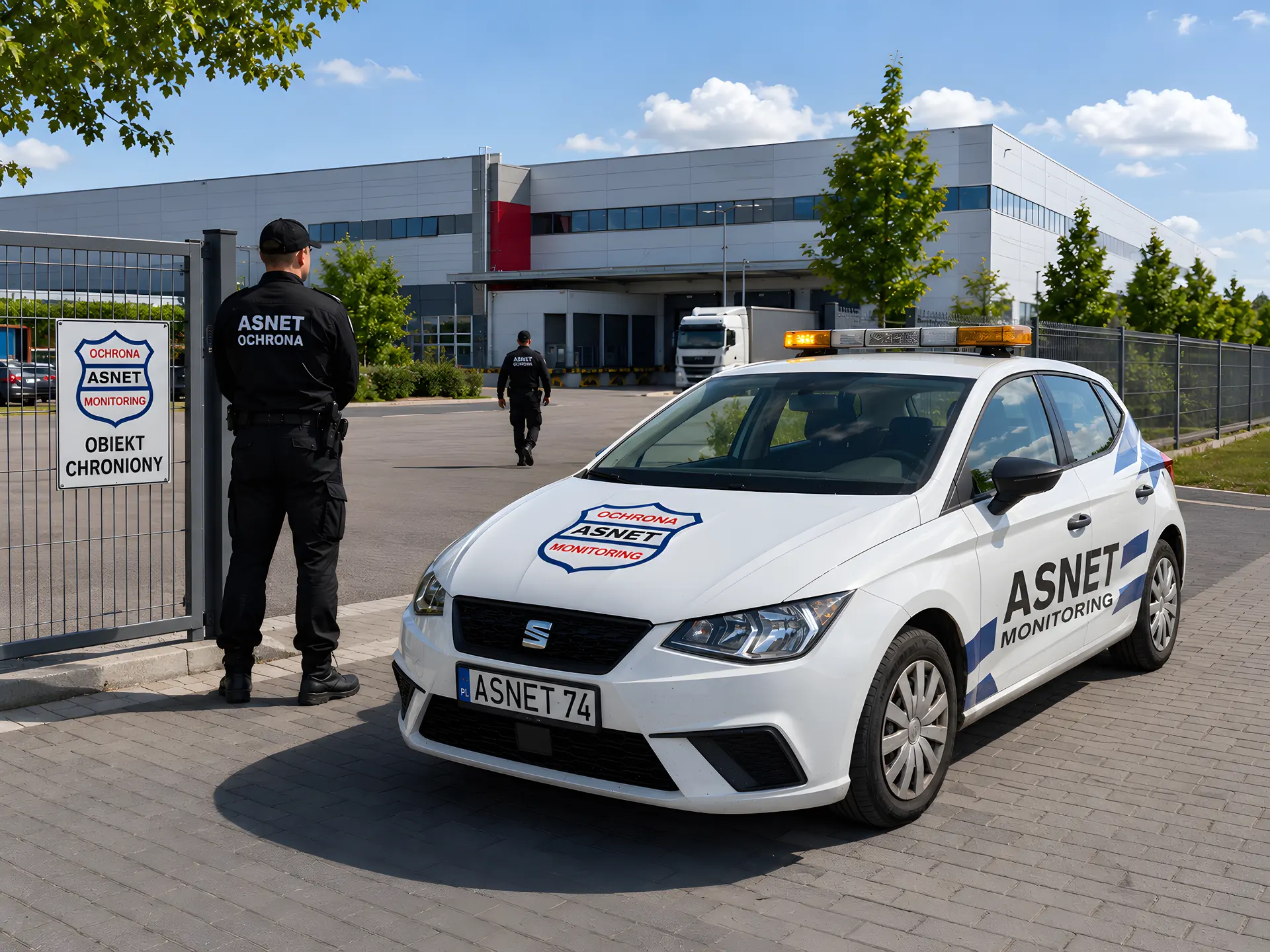 Ochroniarz ASNET przy bramie centrum logistycznego, radiowóz i doki przeładunkowe w tle
