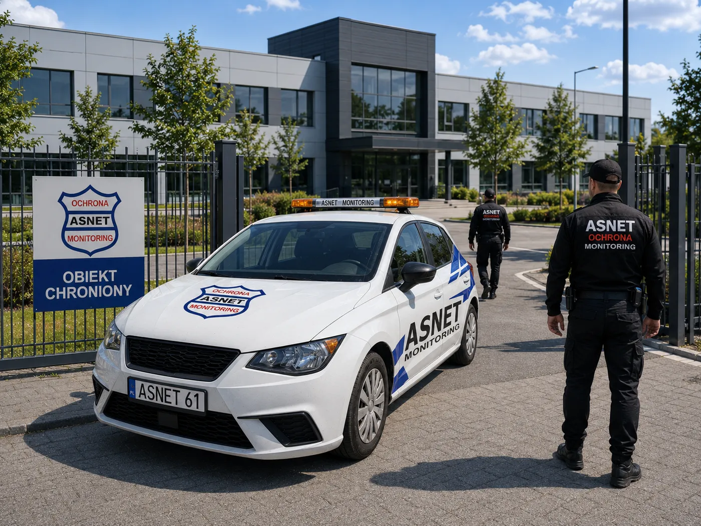 Kontrola wjazdu na teren obiektu logistycznego — pracownik ochrony ASNET przy bramie