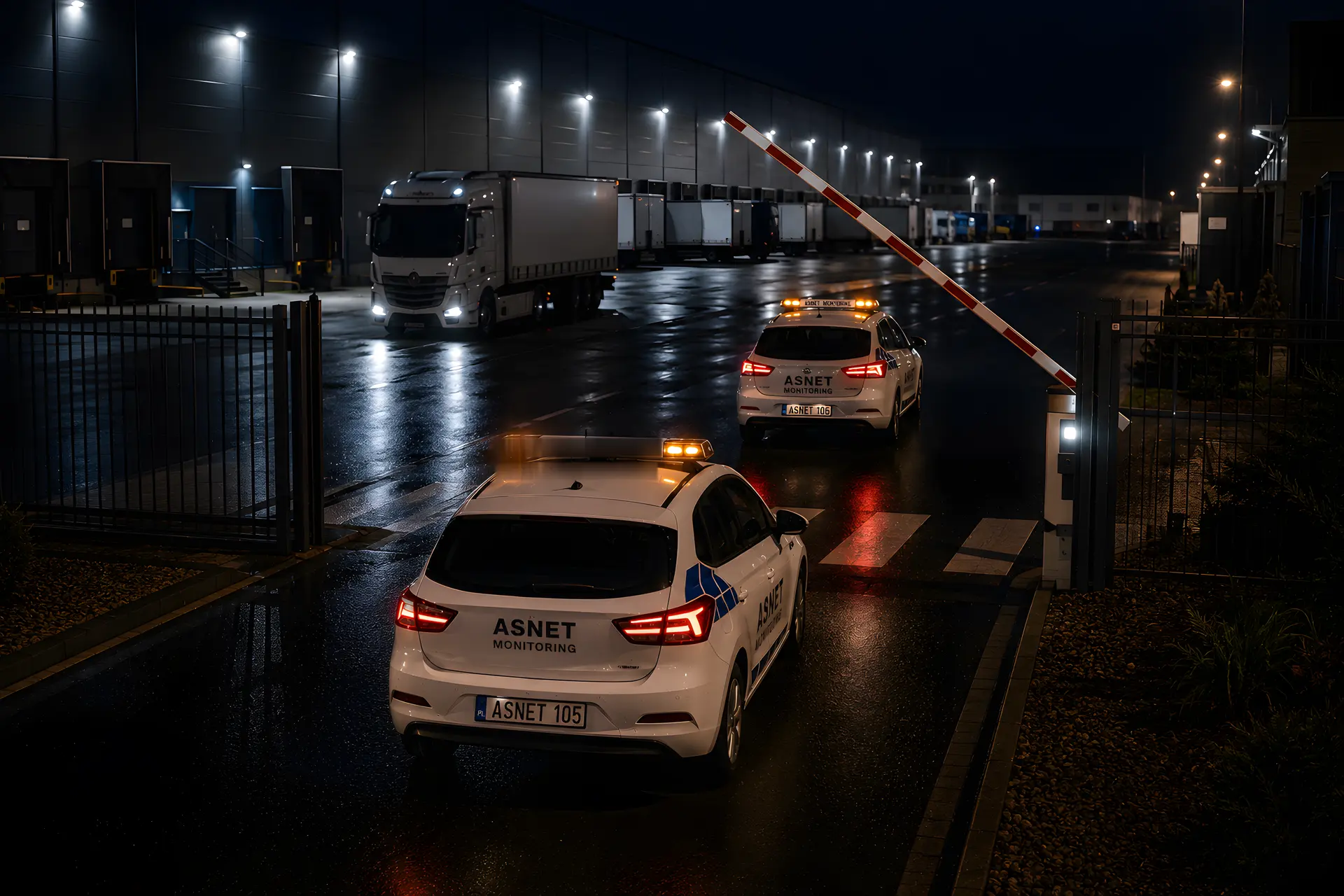 Patrol ASNET przy bramie obiektu logistycznego nocą — TIR-y i szlaban