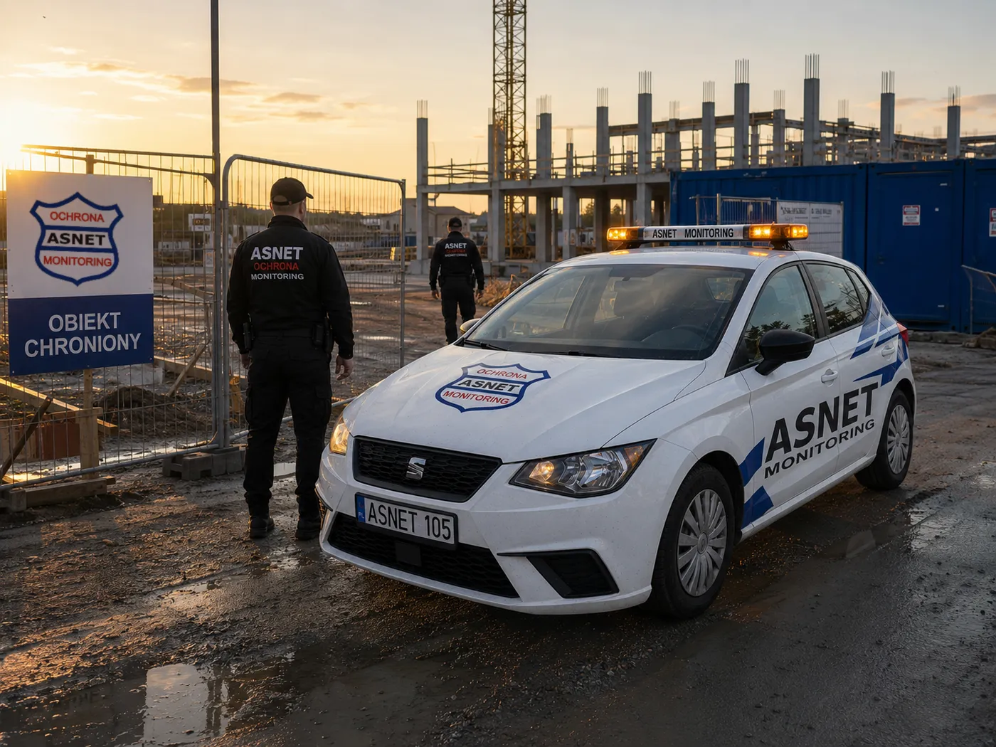 Załoga patrolu ASNET Monitoring przy ogrodzeniu chronionego terenu o zmierzchu