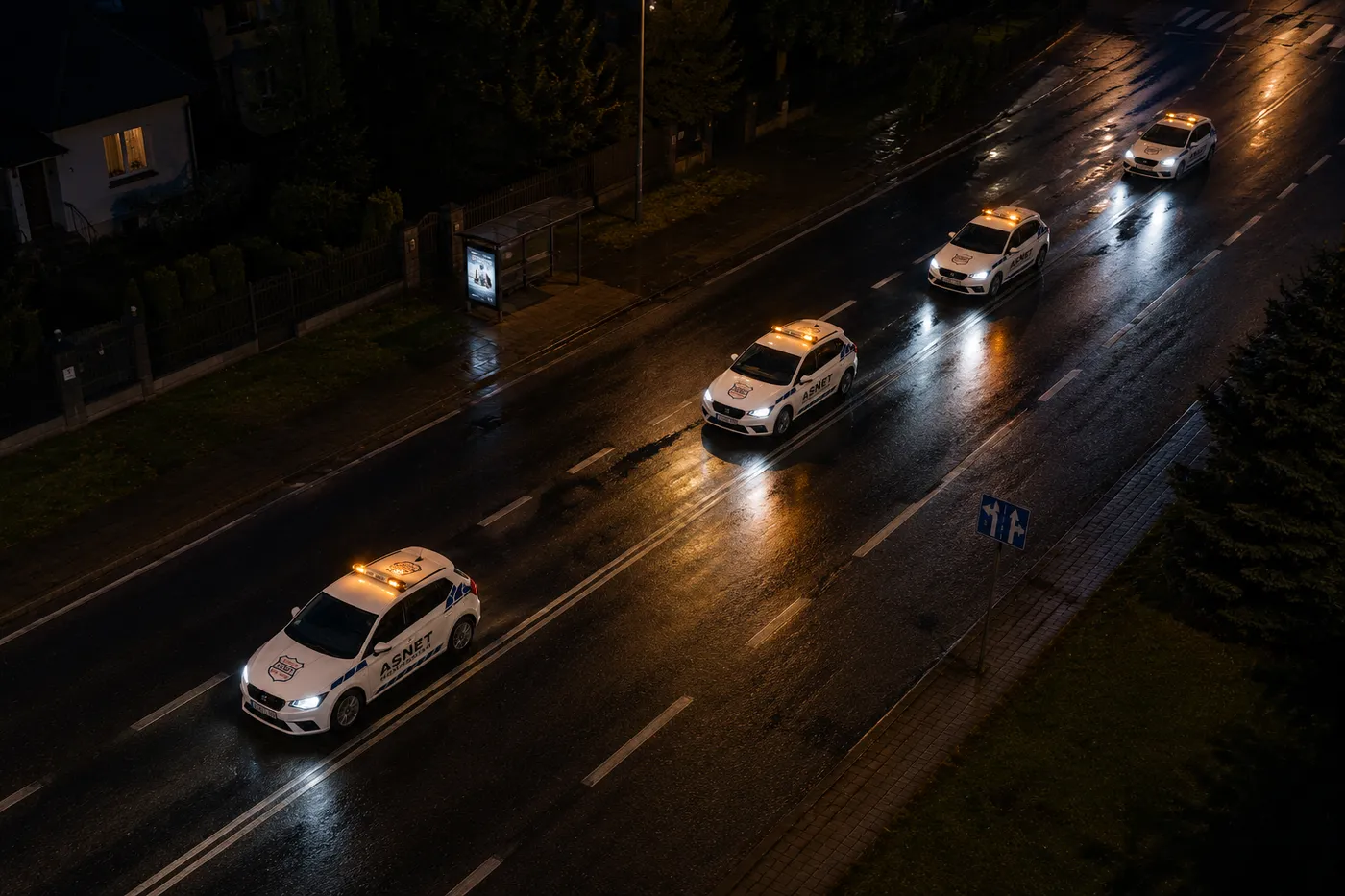 Patrole interwencyjne ASNET jadą nocą do zdarzenia na terenie zewnętrznym