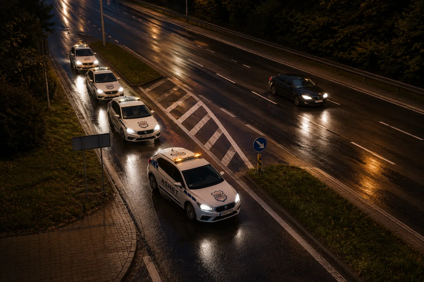 Kolumna patroli interwencyjnych ASNET w drodze nocą