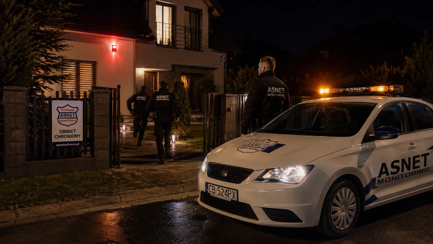 Radiowóz ASNET Monitoring przy chronionym obiekcie nocą
