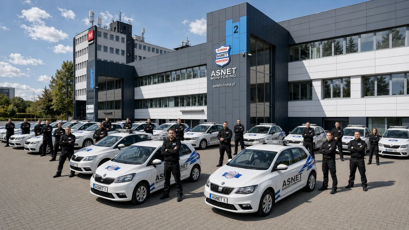 Zespół pracowników ochrony ASNET przy flocie przed siedzibą firmy w Bydgoszczy
