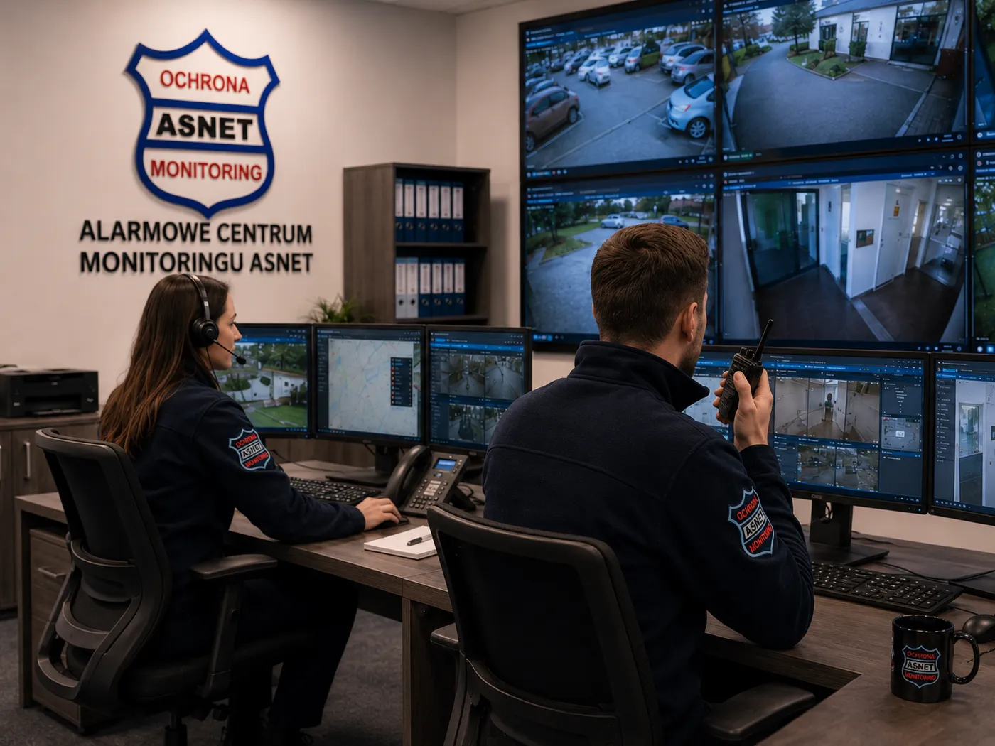 Operatorzy Alarmowego Centrum Monitoringu ASNET przy stanowiskach z podglądem obiektów
