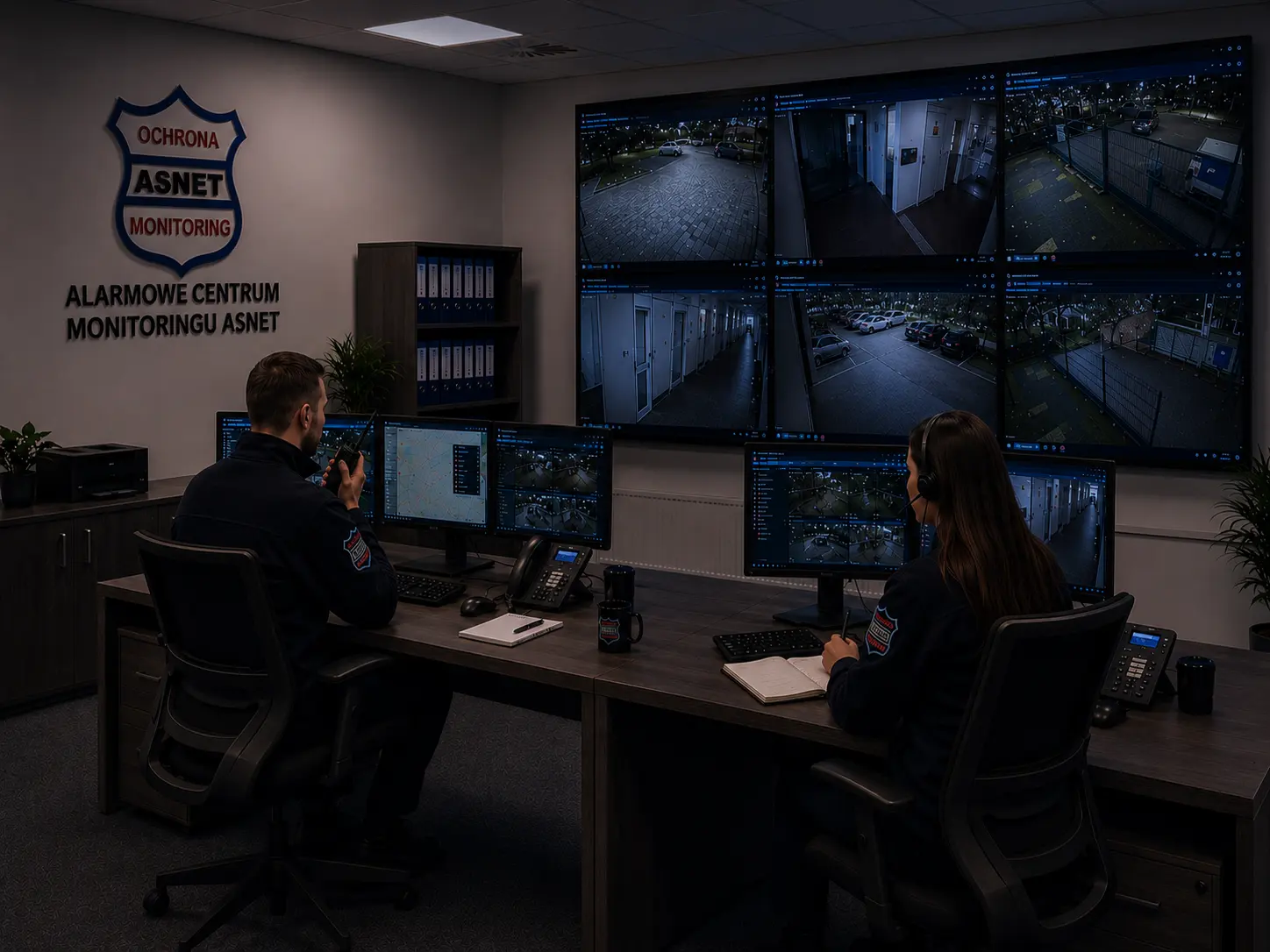 Nocna zmiana w Alarmowym Centrum Monitoringu ASNET — dyżurny wywołuje patrol przez radio