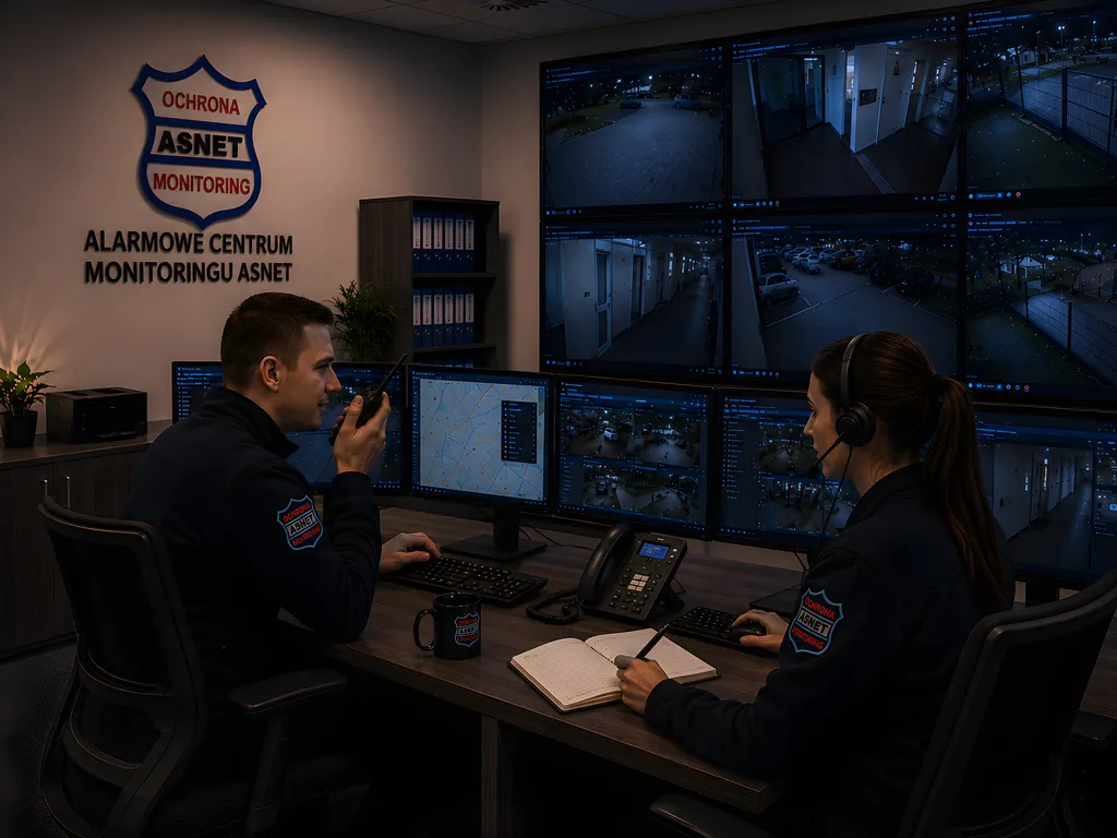 Operatorzy Alarmowego Centrum Monitoringu ASNET nocą — ściana podglądu z kamer i mapa obiektów