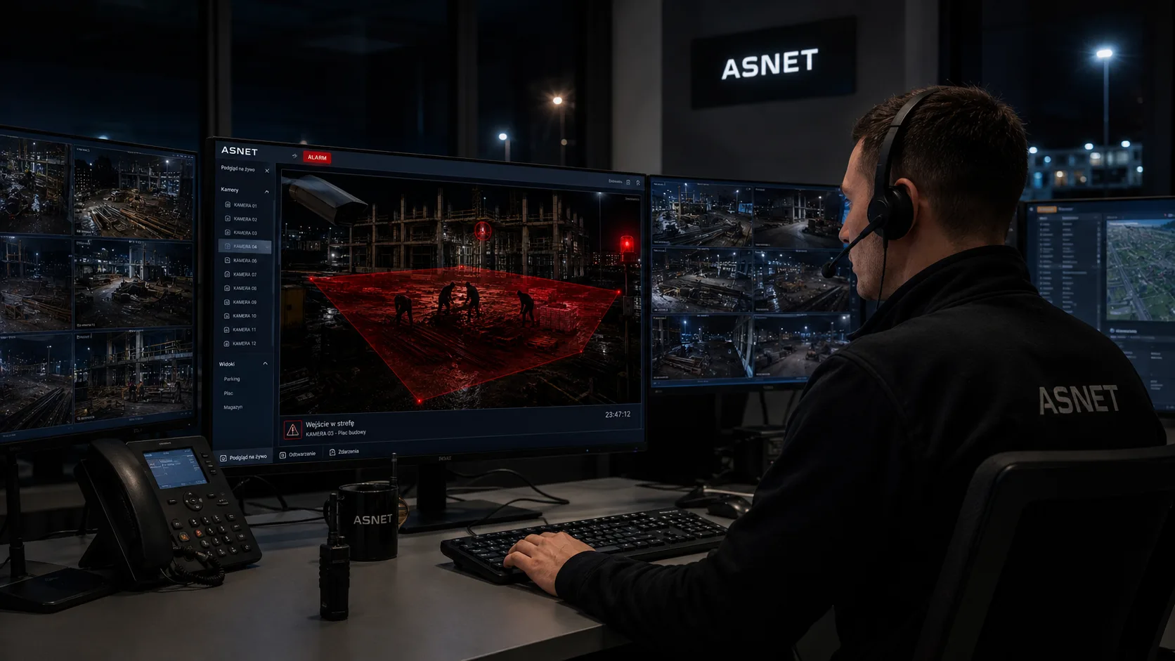 Dyżurny ACM ASNET nocą reaguje na wejście w strefę wykryte przez kamerę