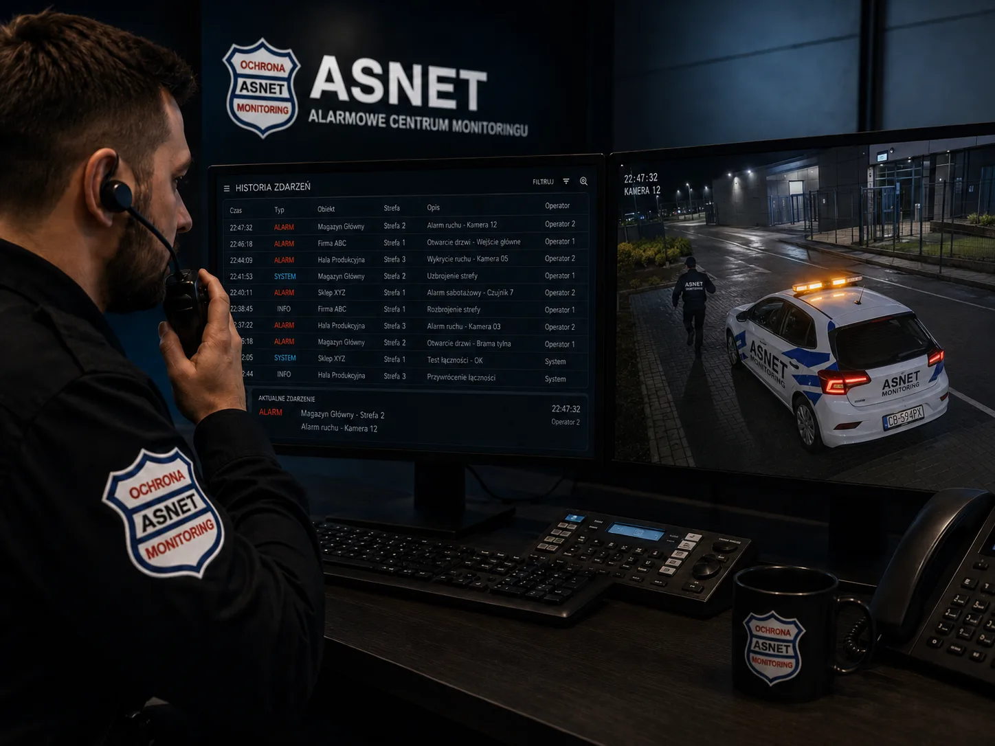 Operator ACM ASNET melduje przez radio zdarzenie widoczne w historii systemu