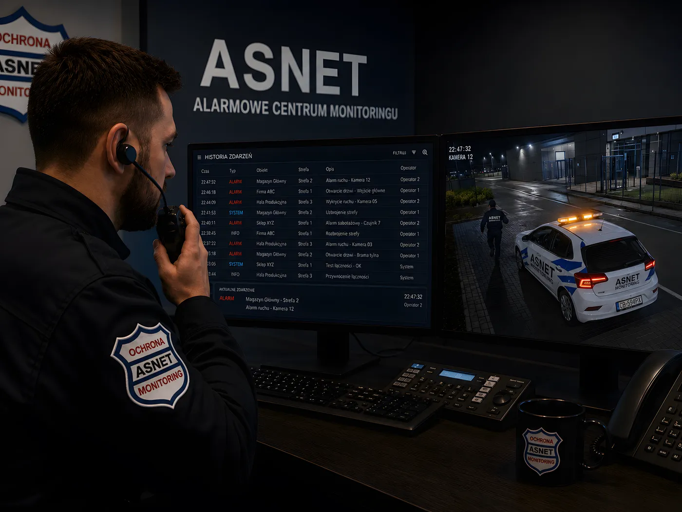 Operator Alarmowego Centrum Monitoringu ASNET przy stanowisku dyżurnego