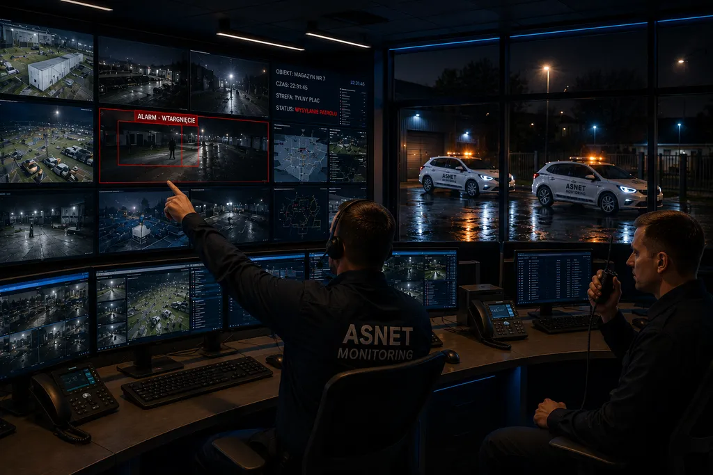 Operatorzy Alarmowego Centrum Monitoringu ASNET przy ścianie ekranów z podglądem z kamer