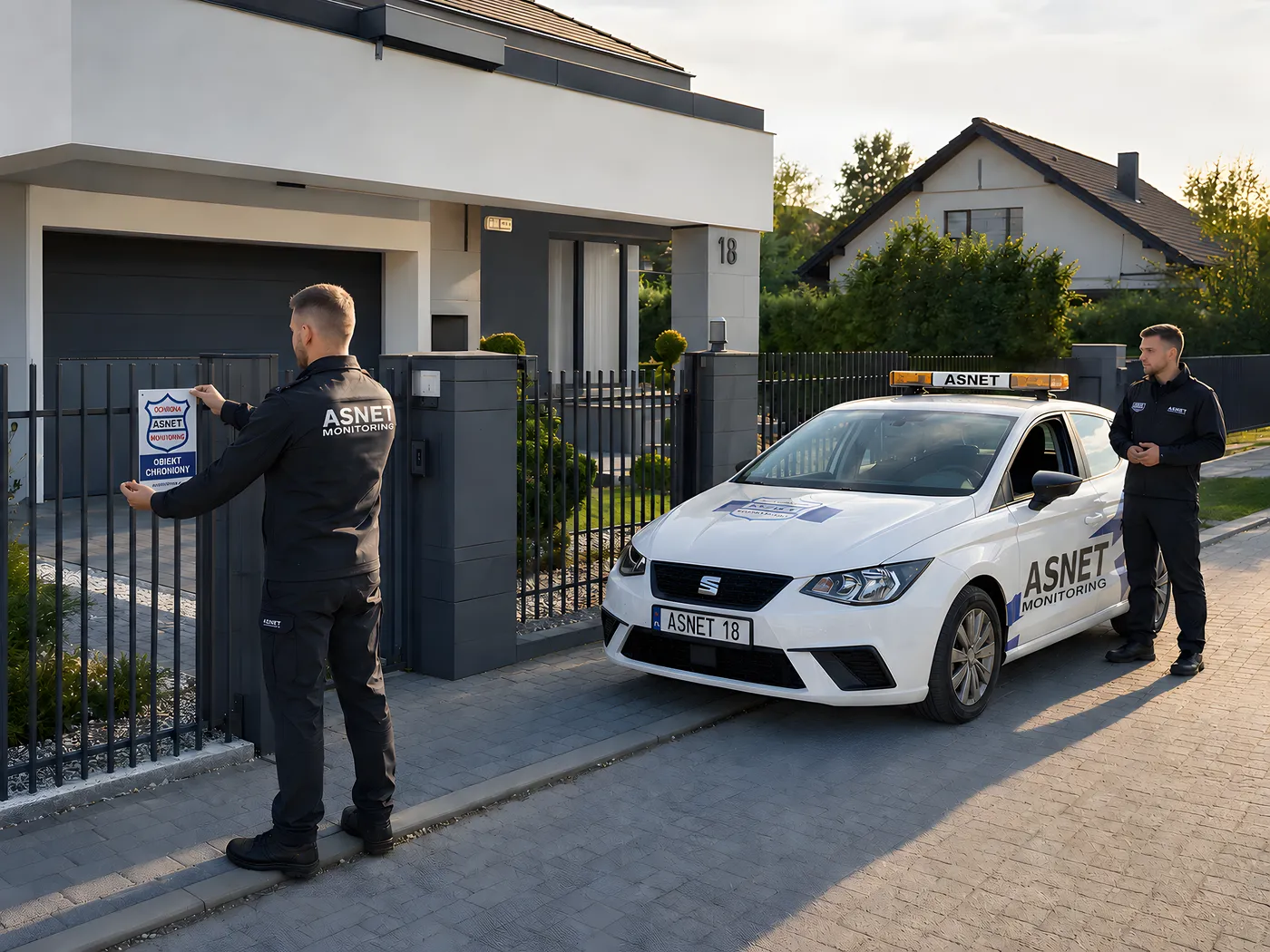 Ochroniarze ASNET Monitoring przy bramie domu jednorodzinnego o zmierzchu