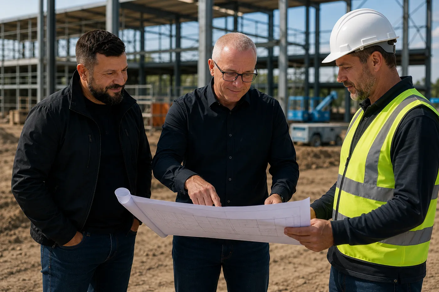 Dyrektorzy ASNET z kierownikiem budowy nad projektem ochrony rozbudowywanej hali