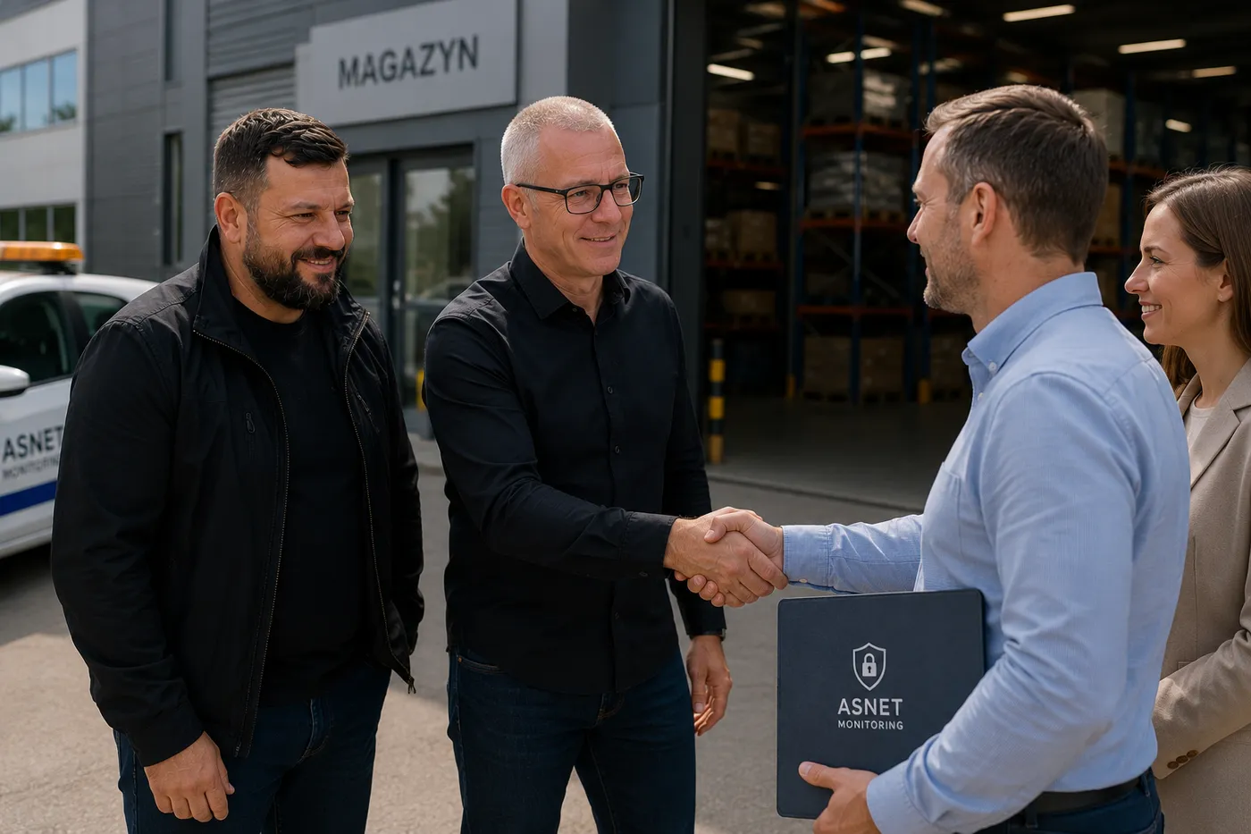 Przedstawiciele ASNET i klient przed chronionym magazynem