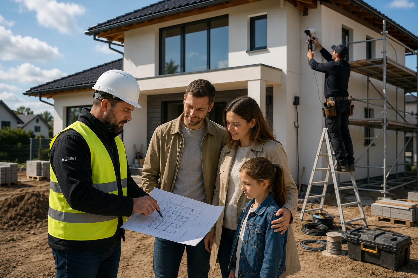 Pracownik ASNET omawia z rodziną projekt ochrony domu, w tle instalator montuje kamerę