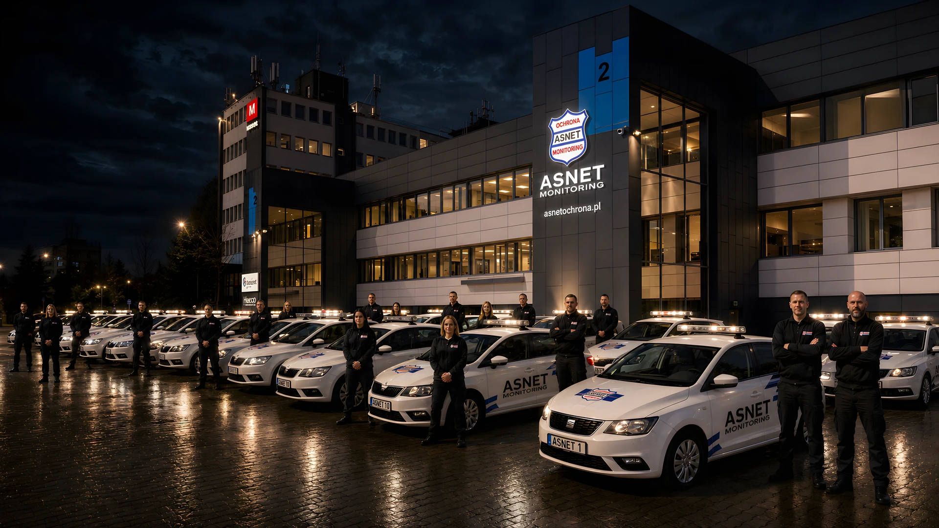 Nocna siedziba ASNET Monitoring z pełną flotą patroli, zespołem i podświetloną tarczą