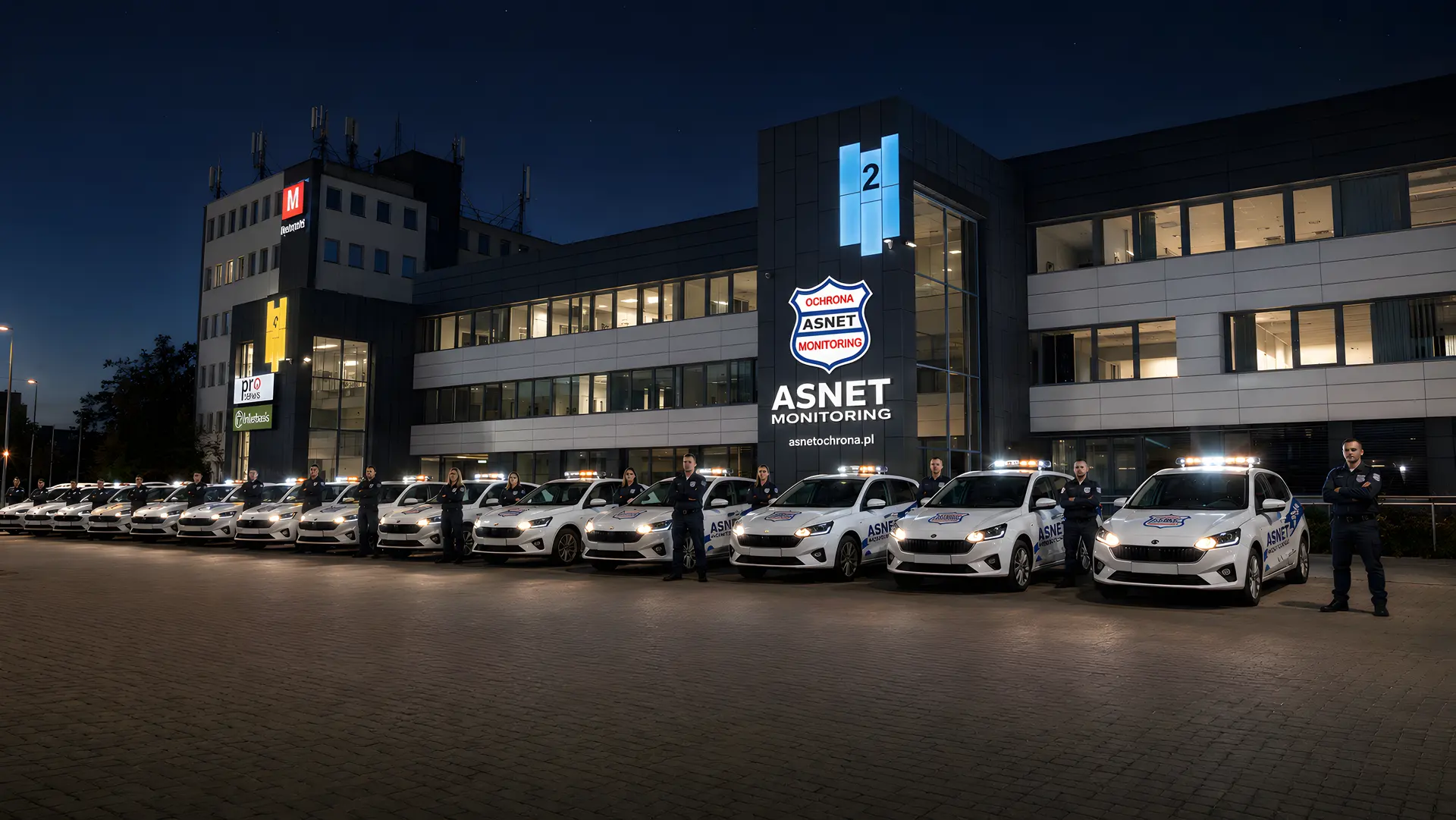 Siedziba ASNET Monitoring nocą — flota patroli interwencyjnych i zespół przed biurowcem