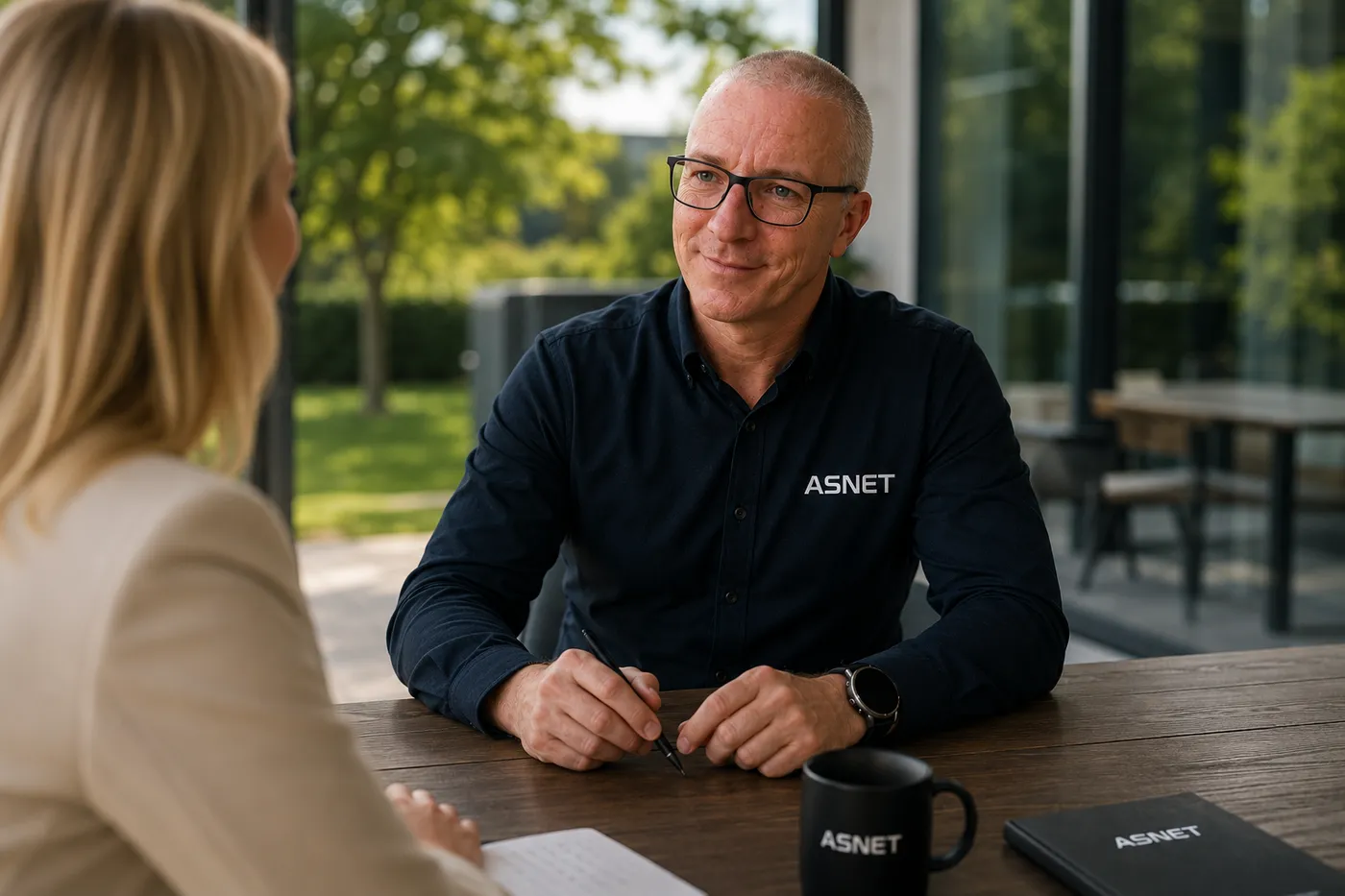 Jurand Baranowski, Dyrektor Działu Handlowego ASNET, rozmawia z klientką o zakresie ochrony