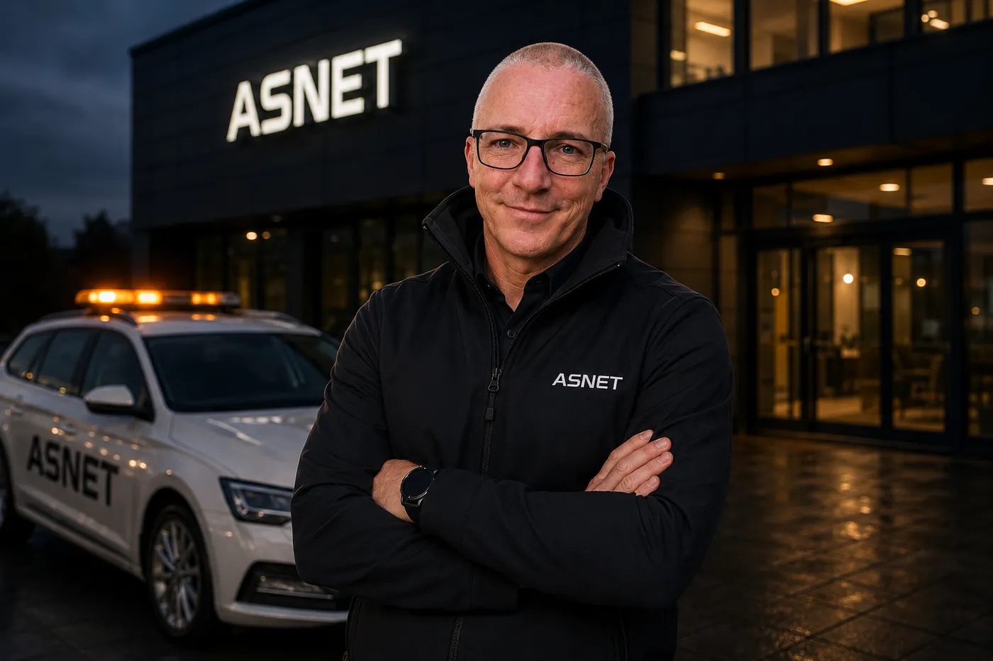 Jurand Baranowski, Dyrektor Działu Handlowego ASNET, przed siedzibą firmy w Bydgoszczy, w tle radiowóz patrolu