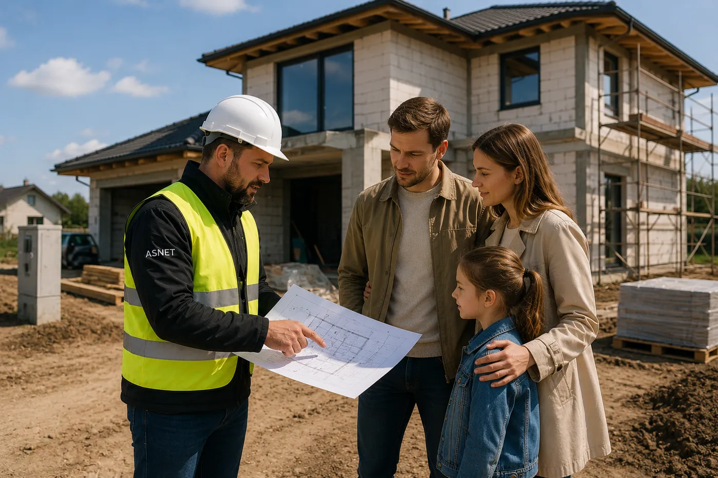 Doradca ASNET omawia z właścicielami projekt instalacji przy budowanym domu