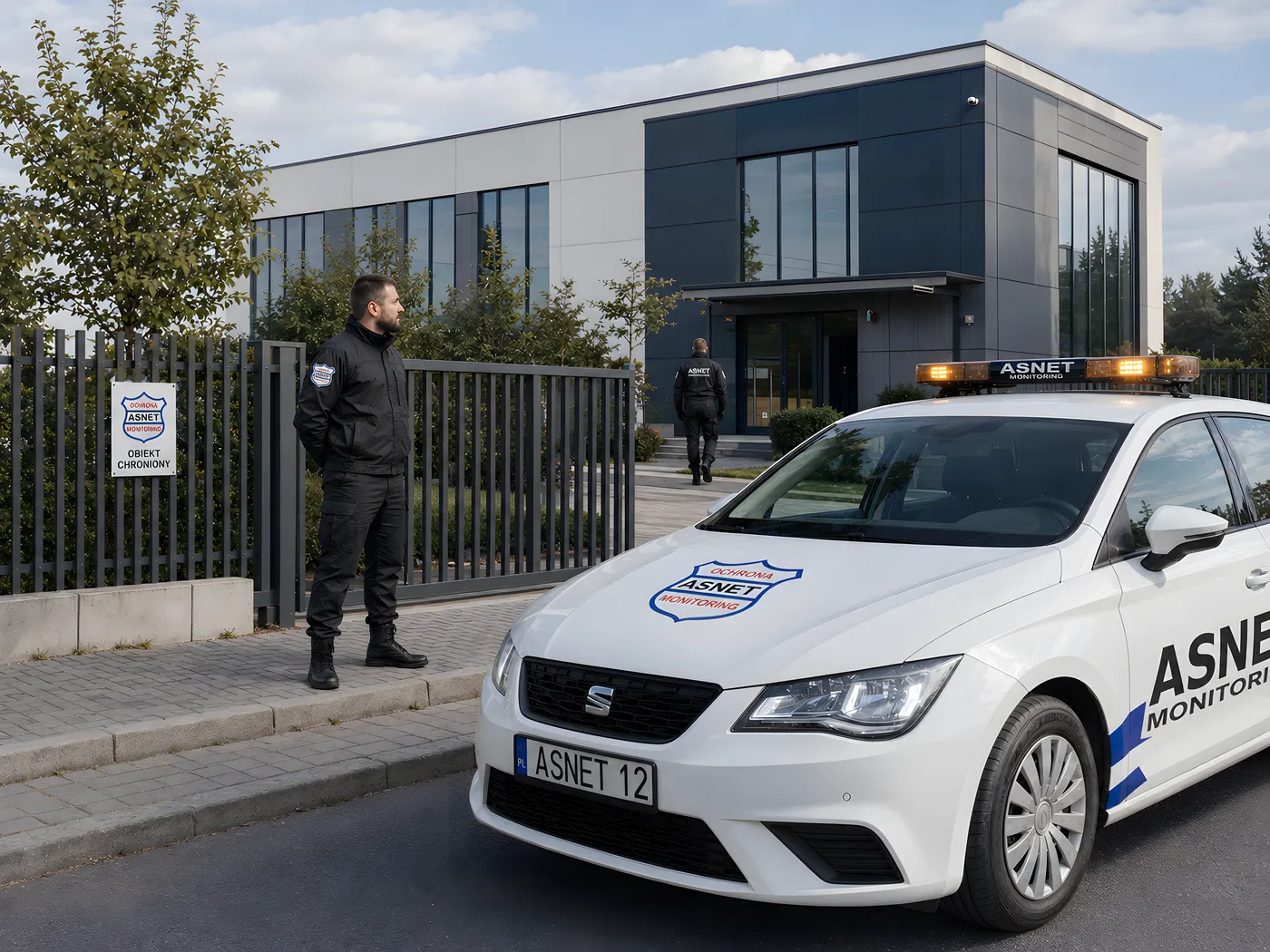 Ochroniarz ASNET Monitoring przy bramie chronionego obiektu, radiowóz na podjeździe