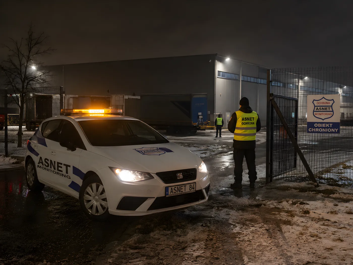 Patrol ASNET Monitoring nocą na terenie chronionego obiektu przy wjeździe