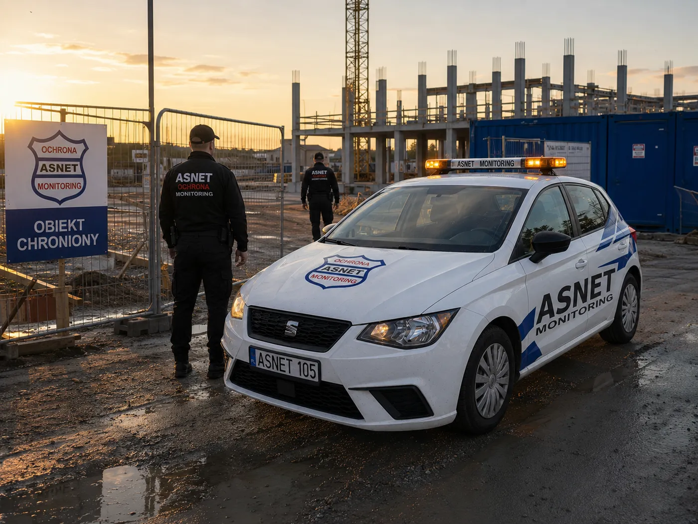 Ochroniarze ASNET dozorują ogrodzony plac budowy o świcie, tablica OBIEKT CHRONIONY