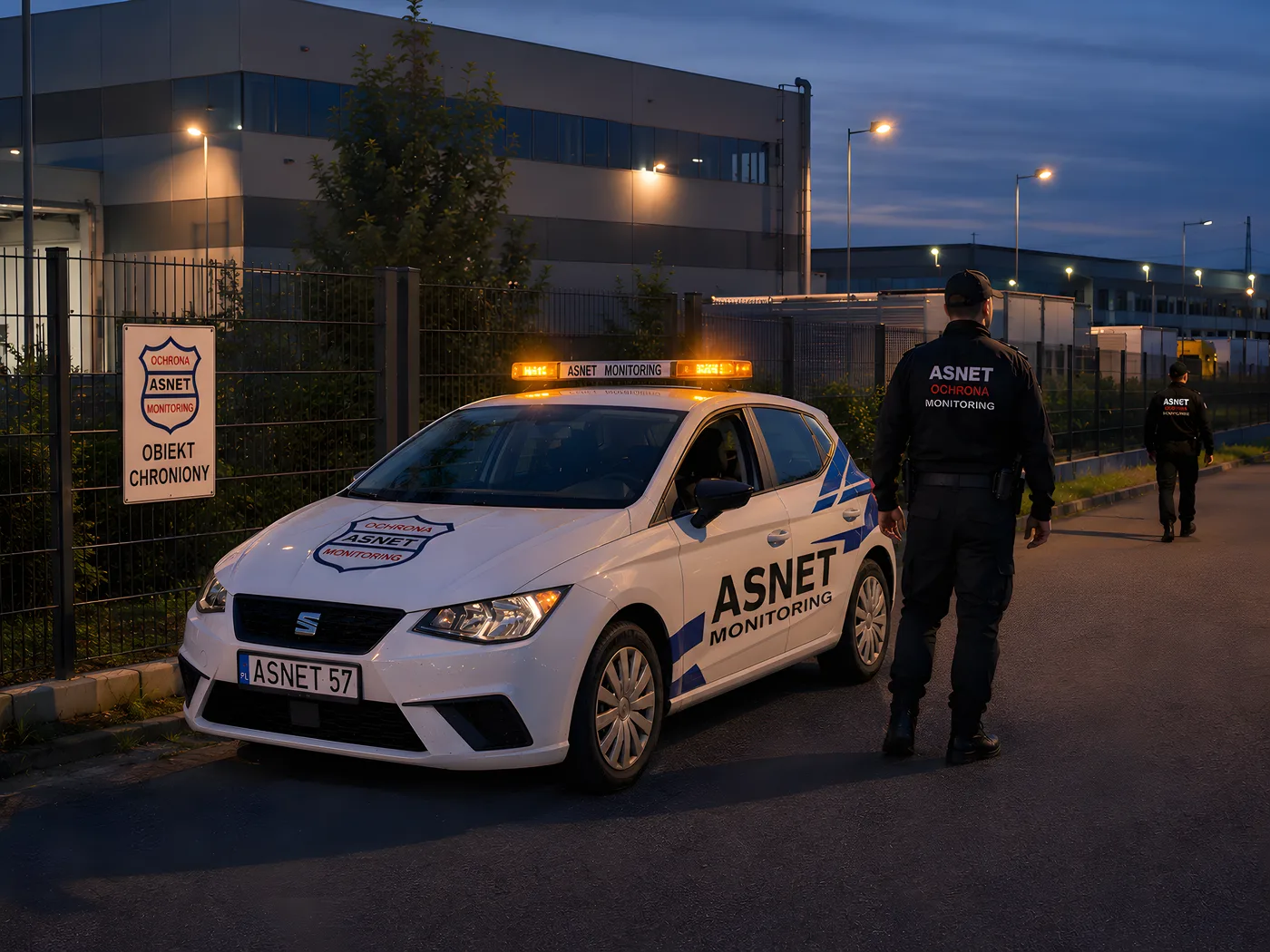 Chroniony teren zewnętrzny o zmierzchu — strefa detekcji kamer AI