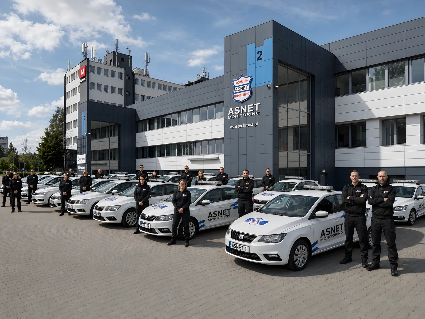 Flota patroli ASNET Monitoring i zespół przed siedzibą firmy w Bydgoszczy