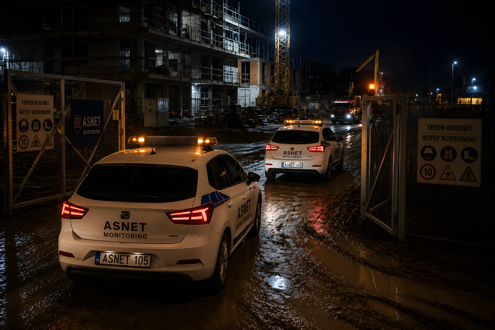 Patrol ASNET przy bramie placu budowy nocą — ochrona budowy