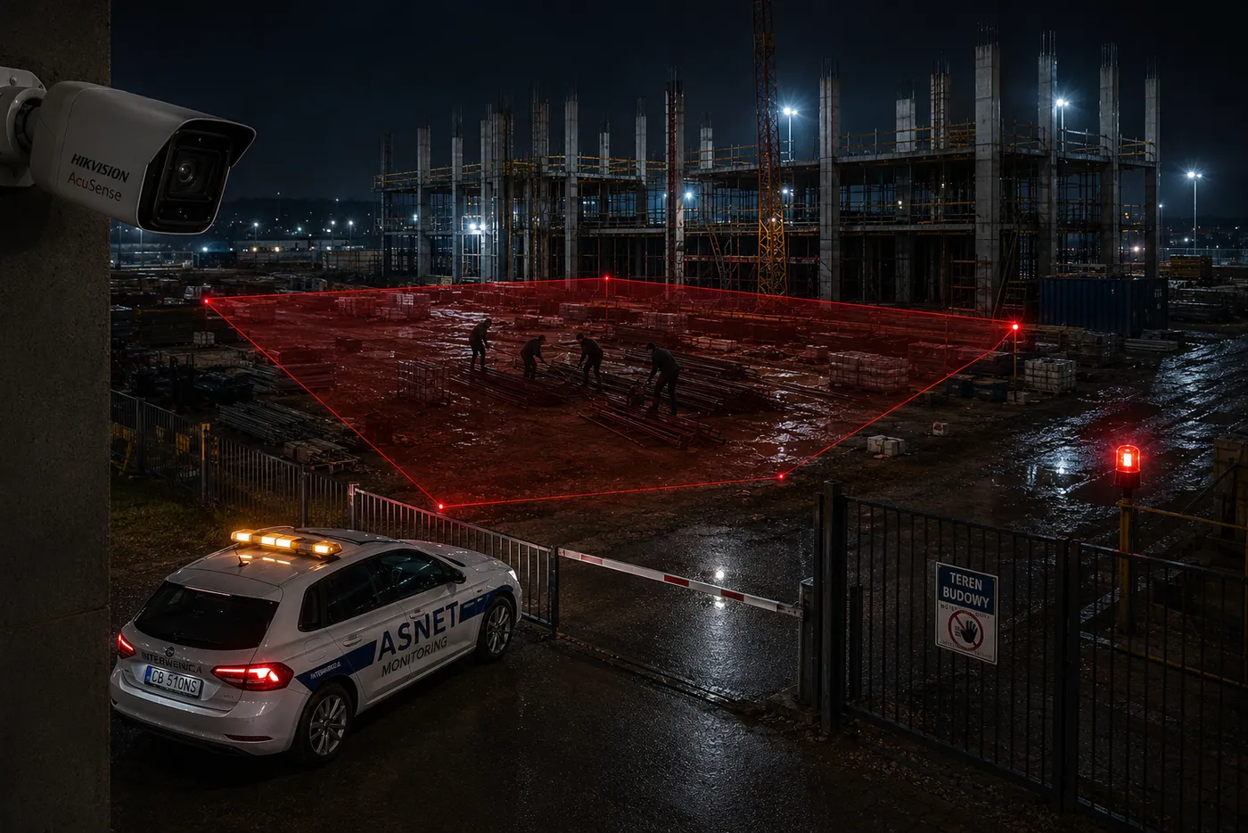 Kamera Hikvision AcuSense na słupie obserwuje nocą strefę detekcji na placu