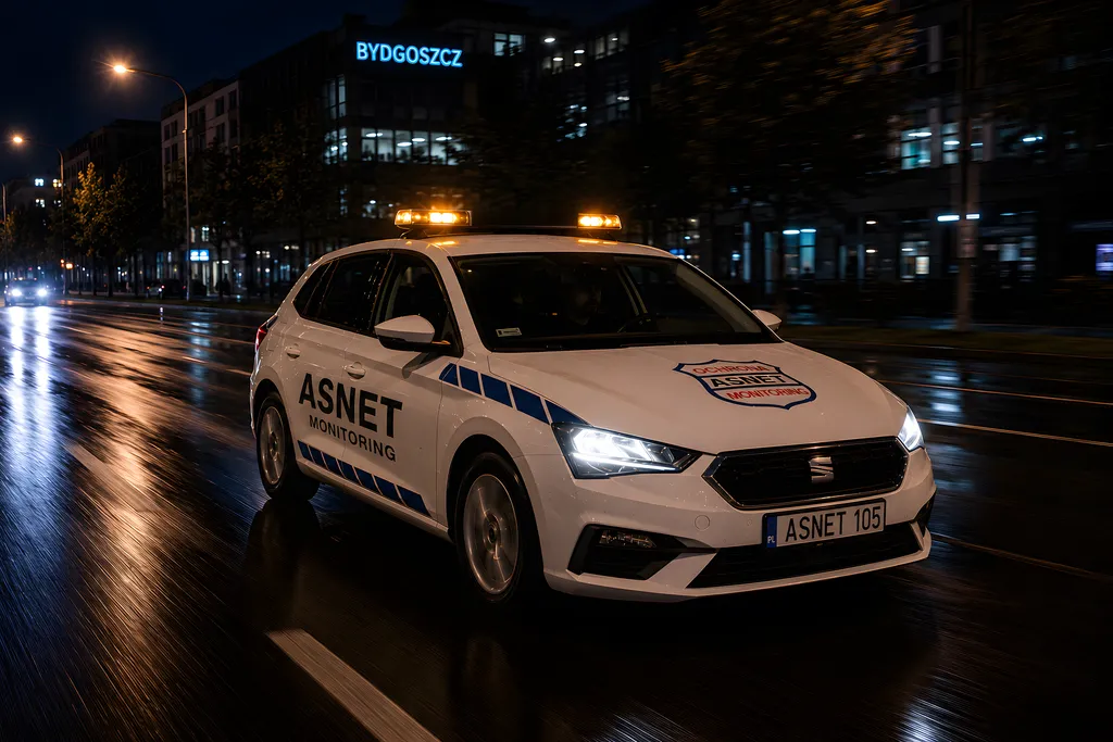 Patrol interwencyjny ASNET Monitoring nocą na ulicy w Bydgoszczy