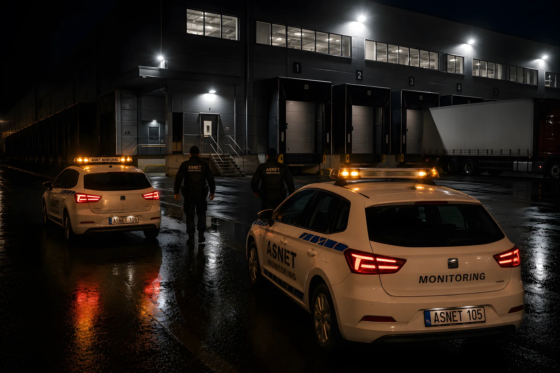 Dwa patrole interwencyjne ASNET Monitoring przy dokach logistycznych w Bydgoszczy nocą