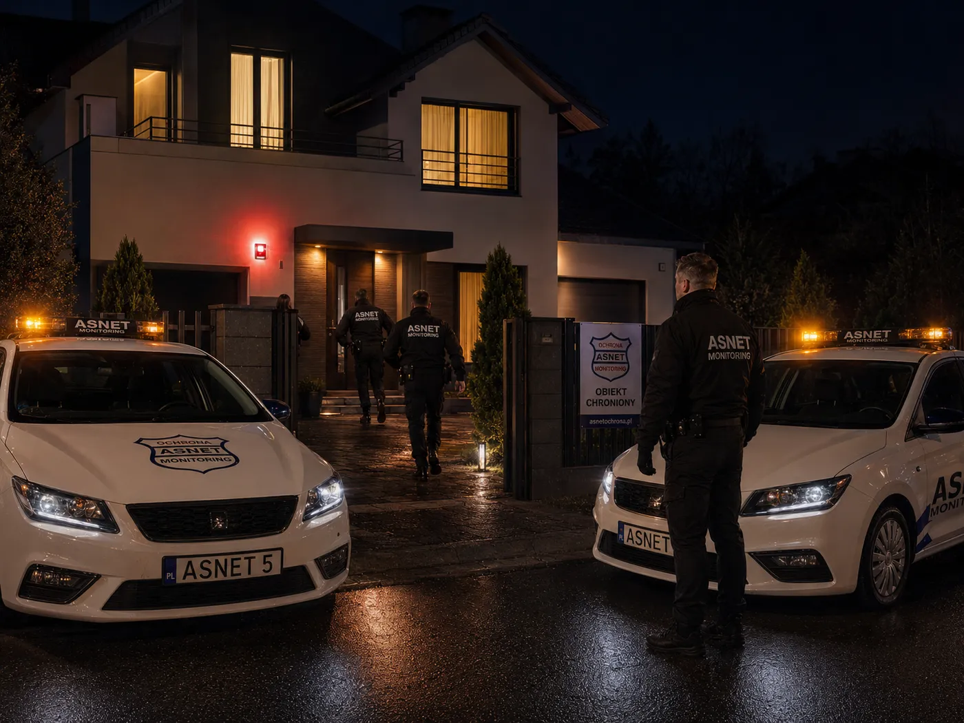 Dwa radiowozy ASNET Monitoring na podjeździe domu nocą, ochroniarze sprawdzają wejście