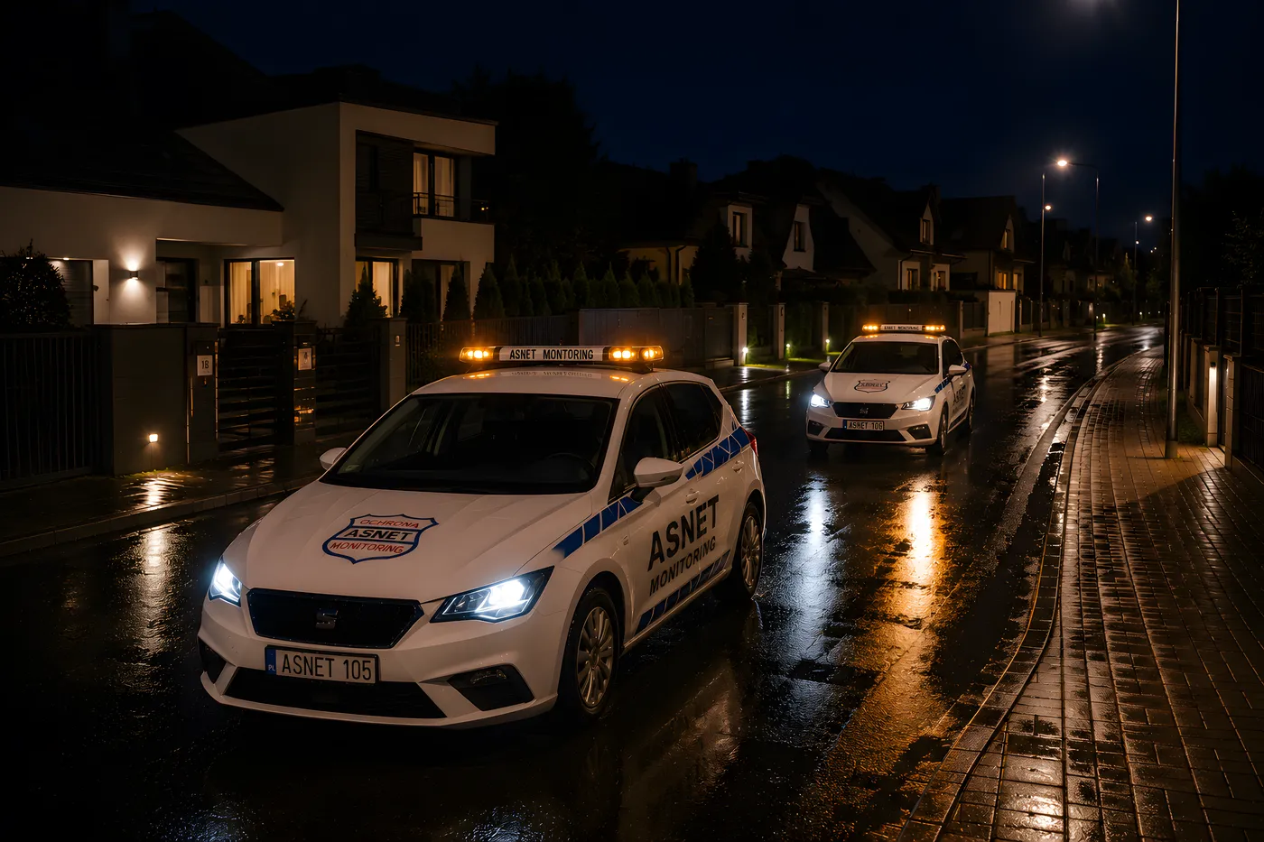Radiowozy ASNET Monitoring na ulicy osiedla domów jednorodzinnych nocą