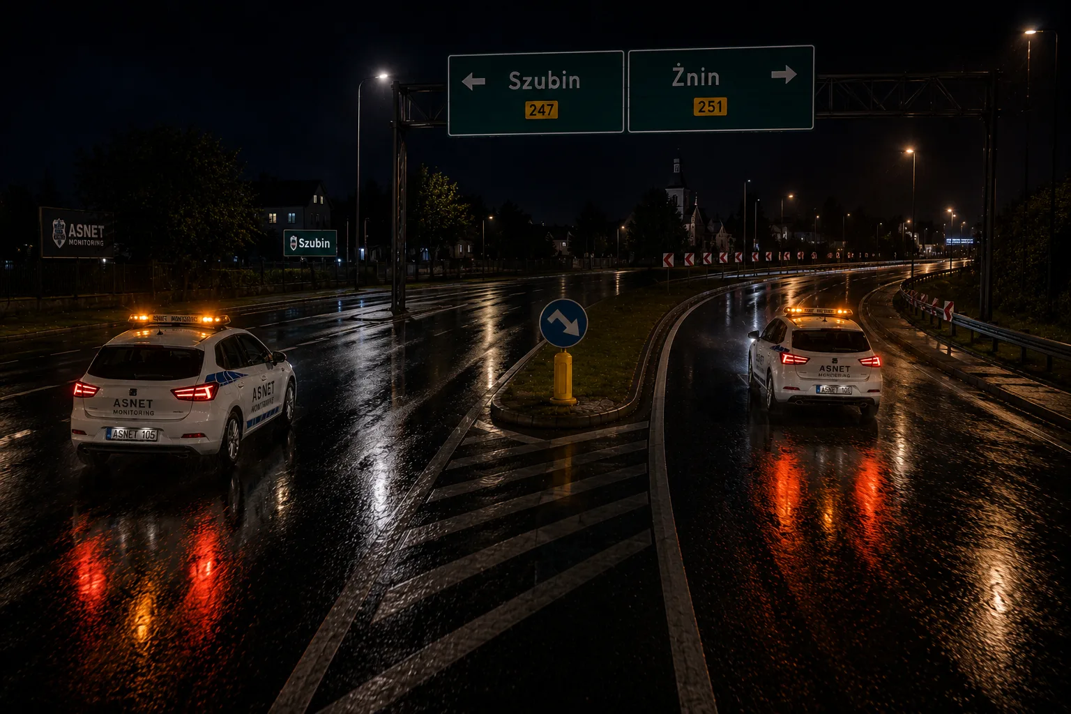 Dwa patrole ASNET nocą przy drogowskazie na Szubin i Żnin