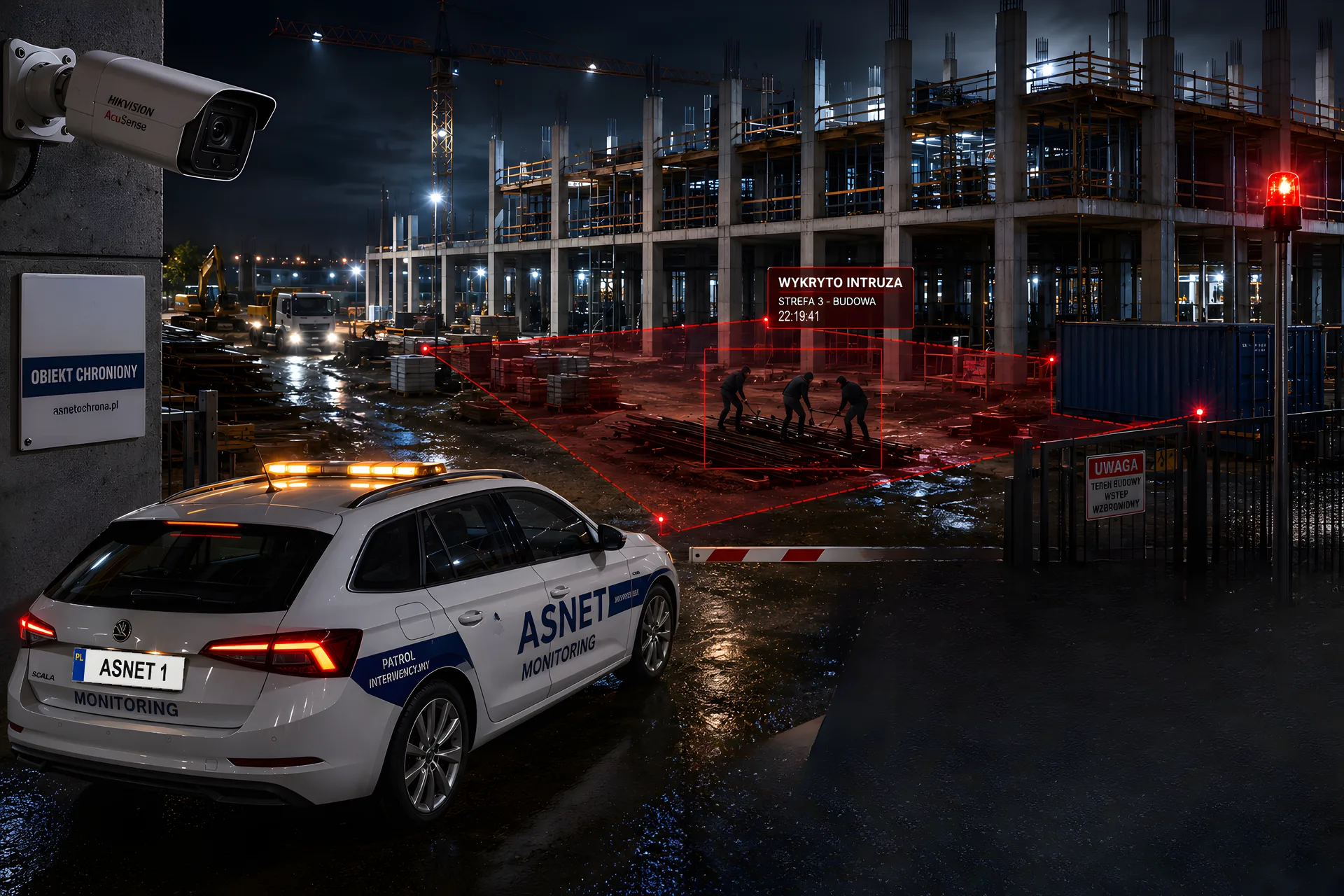 Patrol interwencyjny ASNET przy obiekcie, gdzie kamera Hikvision AcuSense wykryła intruzów nocą